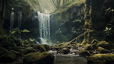 Beautiful waterfall in green forest, Hidden woodland waterfall, cascading over moss-covered rocks, surrounded by a carpet of ferns