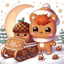 A cute kawaio ginggerbread with acorn car, in a cute christmas, star, moon, christmas tree, wallnut, snow, white background