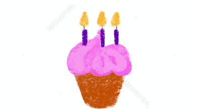 Cute hand drawn crayon Birthday cake with three candles burning and then being blown. Happy Birthday card. 3 years
