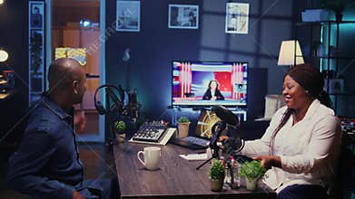 Man and woman starting podcasting session with professional streaming sound gear