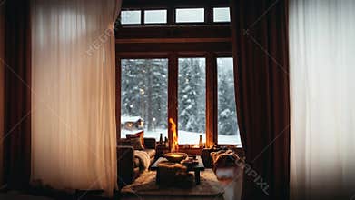 Revealing curtain, indoor living space with a fire pit on t, snow falling out side, winter forest, window view