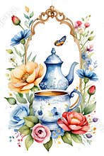Flowers with tea set and butterfly on a painting, white background, clipart, water color, fantasy art, floral, unique design