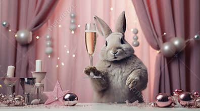 cute rabbit holds a glass of champagne in his paw, celebrates the New Year in an interior with peach fuzz decor