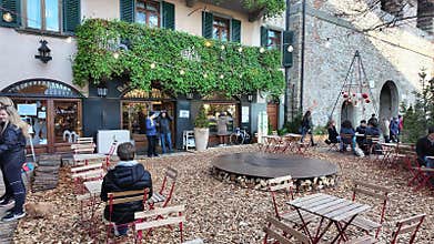 Bergamo, Italy. The old town. The restaurants and bars during the Christmas time. Christmas decorations