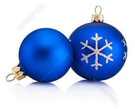 Two Christmas blue baubles isolated on white background