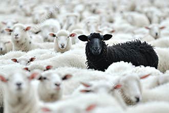 A Single Black Sheep Stands Out Amongst a Flock of White Counterparts in Rural Grazing Fields Created With Generative AI