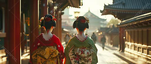 Among Sensoji Temple in Asakusa Tokyo, Japan, two geishas wear traditional Japanese kimonos.