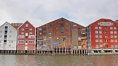 Old Wooden Storehouses Beside the Nidelva River in Trondheim