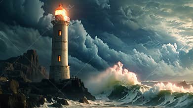 Lighthouse on stormy sea at sunset. 3D rendering, AI Generated