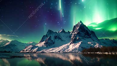 A stunning mountain landscape adorned with mesmerizing green and purple aurora lights, The northern lights over a snow-capped