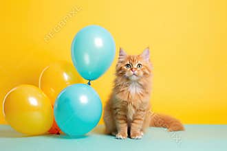 Cute adorable red birthday cat with blue balloons sitting on festive yellow background