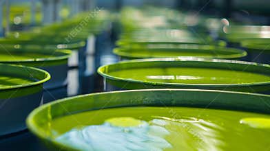 Rows of vibrant green algaefilled tanks at a biorefinery representing the potential for algaebased biofuels to replace