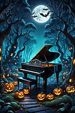 A mysterious piano in a whimsical forest, in horor scene, flying bats, moonlit night, scary pumpkins, cartoon, music instrument