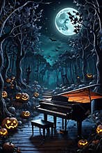A piano with scary pumpkins, in a moonlit night, forest, jungle, trees, cartoon, music instrument, horor