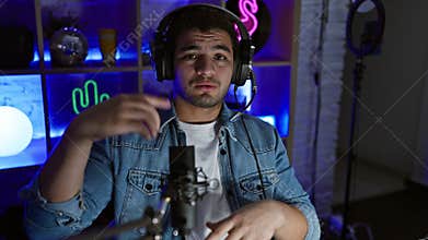 A man with headphones speaks into a microphone in a neon-lit gaming room, conveying a modern podcasting scene