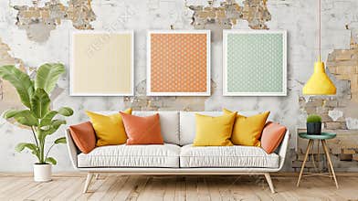 Furniture white couch with colorful pillows in a living room interior design