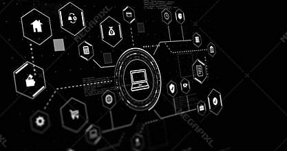 Animation of laptop and business icons with data processing over black background