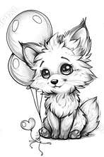 A drawing of a little fox with balloons
