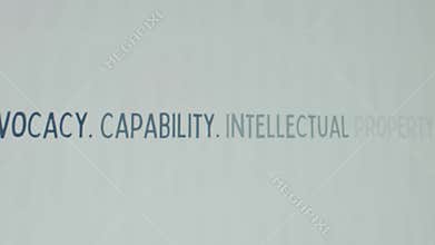 Advocacy. Capability. Intellectual Property inscription on white paper sheet background. Graphic presentation with words