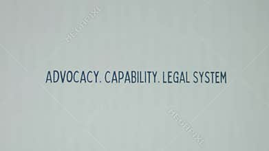 Advocacy. Capability. Legal System inscription on white paper sheet background. Graphic presentation. Legal concept