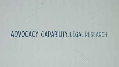 Advocacy. Capability. Legal Research inscription on white paper sheet background. Graphic presentation with words