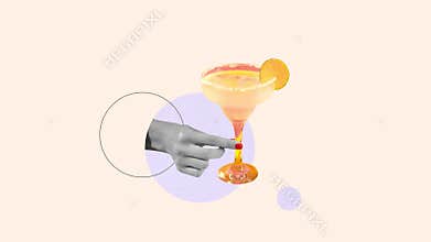 Stop motion, animation. Creative design. Stylish young man jumping into margarita cocktail. Friday chill, party