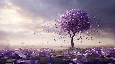 Tree with lavender purple ribbons, informing about international Alzheimers day in September,memory problems