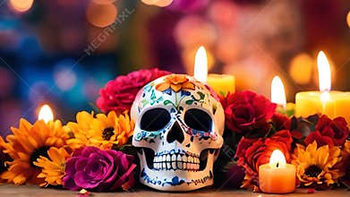 Altar with skull flowers and candles for the Day of the Dead holiday. Selective focus.