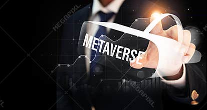 Metaverse futuristic background with person touching 3d rendered VR,backdrop. Tech concept wallpaper with glowing shapes