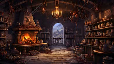 Witch or wizard alchemical laboratory with magic books and potions with mystic glow at night. Alchemist lab interior