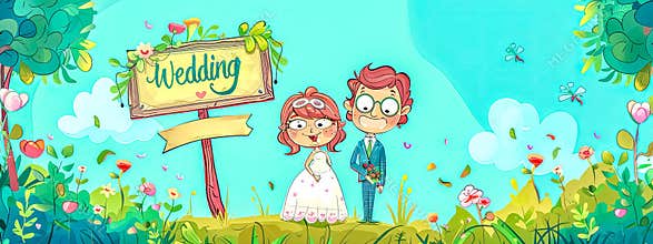 Colorful cartoon of a cute couple on their wedding day, standing in a vibrant, floral scene with a sign