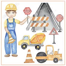 Watercolor roadworker clipart, hand drawn illustration. Road worker working, kids school card clip art, educational, cute children