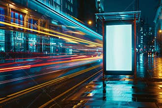 A large white billboard sits on a city street, illuminated by the streetlights. The empty billboard and bench give the
