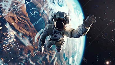 Astronaut in space suit floating and waving in zero gravity with planet Earth in the backdrop