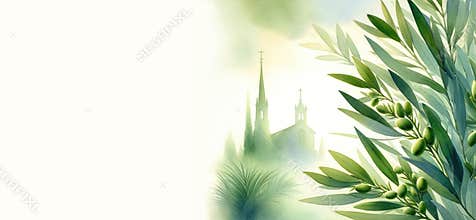Olive branch with the silhouette of a distant church