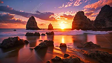 Twelve Apostles at sunset, Great Ocean Road, Victoria, Australia, Sunset at the beach in Lagos, Portugal. Long exposure, AI