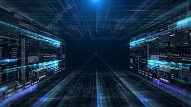 HUD interface digital panel technology areal fly through view 4K motion screen concept.