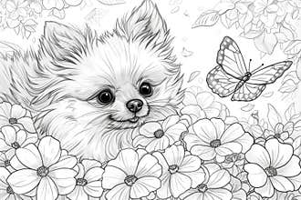 A drawing of a dog surrounded by flowers and a butterfly, coloring book for kids.