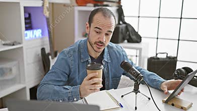 A bald man with a beard sips coffee while podcasting indoors using a microphone and tablet