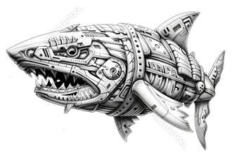 A drawing of a mechanical shark, coloring book for kids.