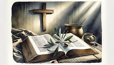 Open Bible with an olive branch on its pages and hanging wooden cross.