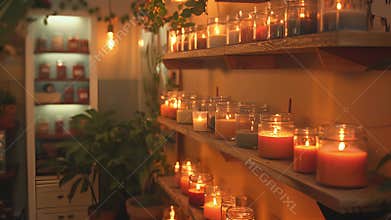 A cozy corner of the boutique filled with shelves of different sized mason jars each holding a different colored and