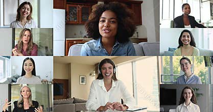 Different women head shot portraits, multiple footages collage view