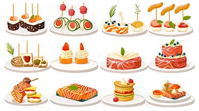 There are finger food, canapes set for parties, banquets, and weddings. Includes salmon, meat, cheese. Cold snacks in