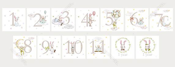 Set of of baby milestone cards in pastel colors. 12 months. Newborn boy or girl.
