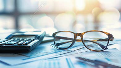 Eyeglasses and calculator on desk with documents and charts in sunlight. Focus on office supplies highlighting work