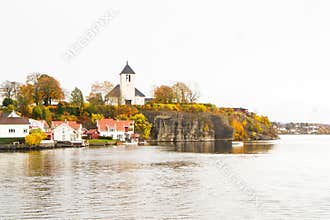 Brevik church and community, Sunny autumn day in Norway