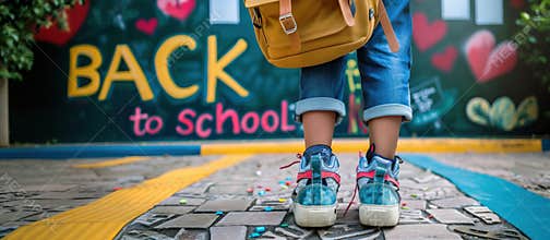 Child& x27;s Feet with Backpack in Back-to-School Scene