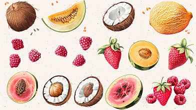 summer fruit clipart, chic summer fruit clipart set with melon, coconut, and raspberry illustrations on a white backdrop
