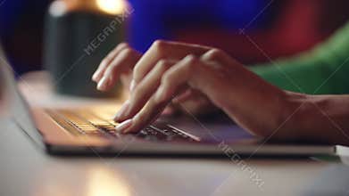 A closeup shot shows the hands of a professional engaged in typing on a laptop keyboard